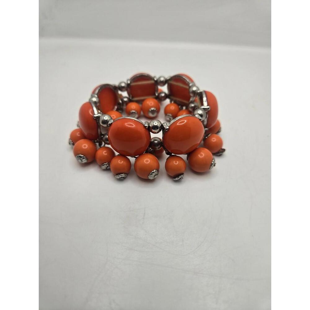 Burnt Orange Acrylic Round Charm Beaded Stretch Bracelet 6in